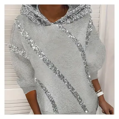 TEMU 1pc Women's Plus Size Hooded Sweatshirt With Sequin Detail, Casual Pullover, Polyester Knit