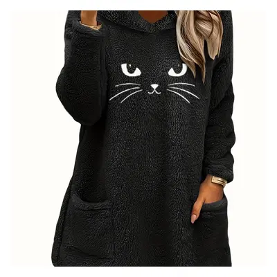 TEMU Cozy Women's Cat Print Teddy Bear Hoodie - Casual Long Sleeve With Dual Pockets, Soft Polye