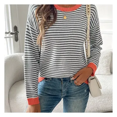 TEMU Striped Trim Crew Neck Sweater, Casual Long Sleeve Sweater For Fall & Winter, Women's Cloth