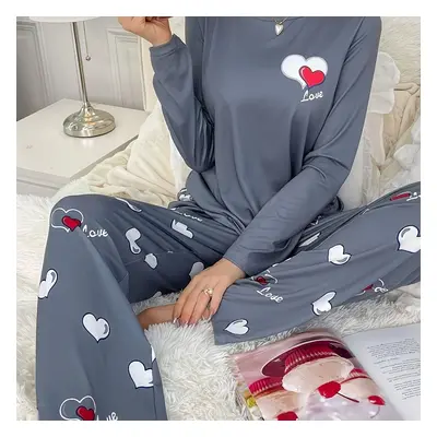 TEMU Women's Casual Love Heart Print Long Sleeve Pajama Set - Polyester Knit Fabric, Crew Neck, 