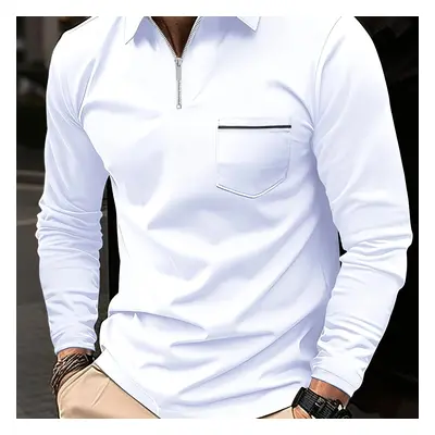 Casual Solid Men's Long Sleeve Zipper Lapel Shirt With Chest Pocket, Spring Fall Outdoor