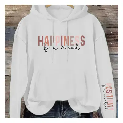 Happiness Print Kangaroo Pocket Hoodie, Casual Long Sleeve Drawstring Hooded Sweatshirt For Fall