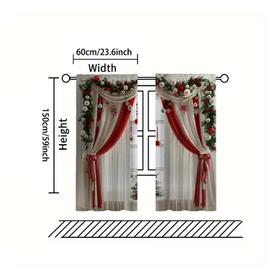 2pcs Set Christmas Ornament Printed Curtains - Soft Polyester, Machine Washable, Rod Pocket Room