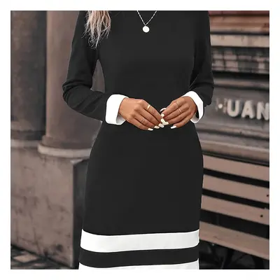 TEMU Striped Crew Neck Dress, Elegant Long Sleeve Slim Fit Dress For Spring & Fall, Women's Clot