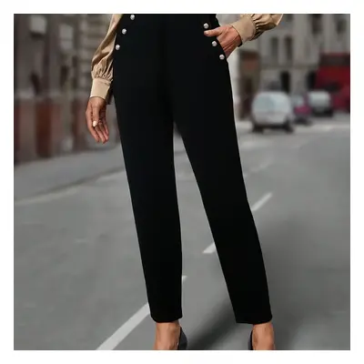 Solid Color Button Decor Slant Pocket Pants, Elegant High Waist Straight Leg Pants For Office & 