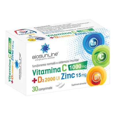 Vitamina C 1000 mg + D3 2000 UI + Zinco 15 mg, 30 compresse, Helcor