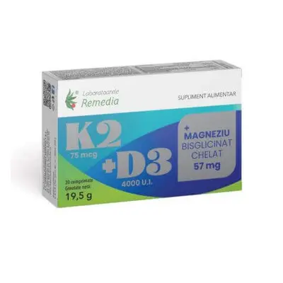 K2+D3+Chelato bisglicinato di magnesio, 30 compresse, Laboratoarele Remedia