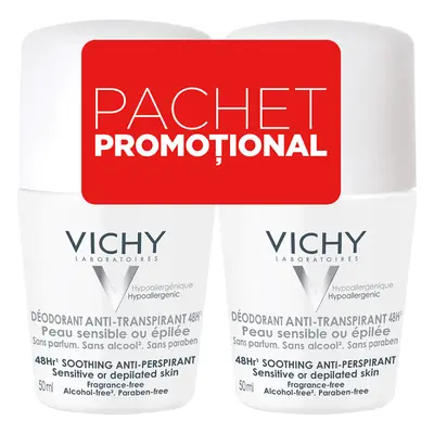 Pacchetto deodorante roll-on antitraspirante senza profumo 48h, 50 ml + 50 ml, Vichy