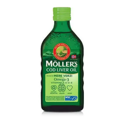 Olio di fegato di merluzzo Omega 3, Vitamina A-D-E, gusto mela verde, 250 ml, Möller‘s