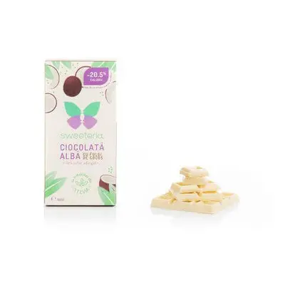 Cioccolato bianco con dolcificante cocco e stevia, 100 gr, Sweeteria