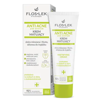 Flos-lek Anti Acne 24h System, crema opacizzante, pelle mista e grassa, tendente all'acne, 50 ml