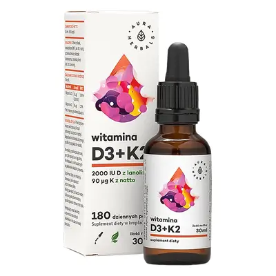 Aura Herbals, Vitamina D3 2000 UI, K2mk7, gocce, 30 ml