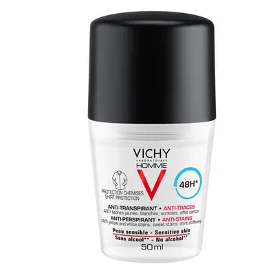 Vichy Homme, antitraspirante roll-on 48h per uomo, contro le macchie sui vestiti, 50 ml