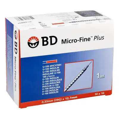 BD Micro-Fine Plus, siringa per insulina, 1 ml, U-100, con ago 29G, 0,33 x 12,7 mm, 100 pezzi