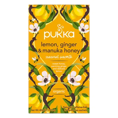 Pukka Lemon Ginger & Manuka Honey Organic, tisana alla frutta e alle erbe, zenzero e limone, aro