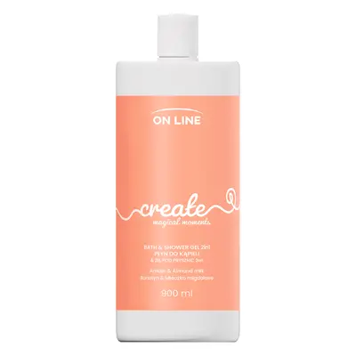 On Line Create 2 in 1, lozione da bagno e gel doccia, ambra e latte di mandorla, 900 ml