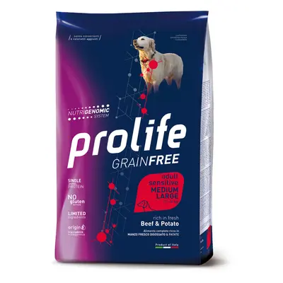 Multipack Risparmio! 2 x Prolife - 2 x 10 kg Grain Free Adult Sensitive Medium/Large Manzo & Pat