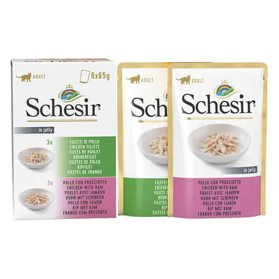 Schesir Buste 24 x 85 g Umido per gatto - Mix Pollo + Pollo con Prosciutto in gelatina