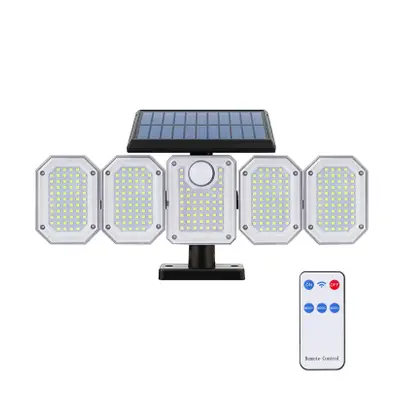 Lampada Ricarica Solare Esterno a Parete IP65 5 Pannelli 300 LED e Telecomando