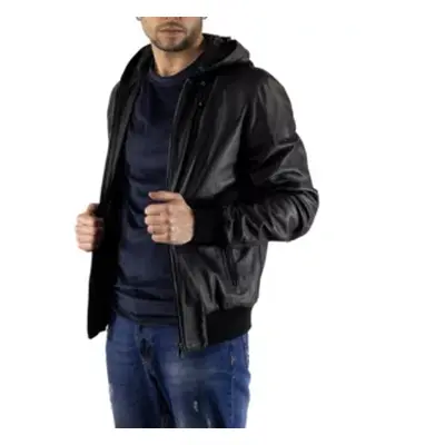 Giacca uomo Bomber in pelle nera con cappuccio