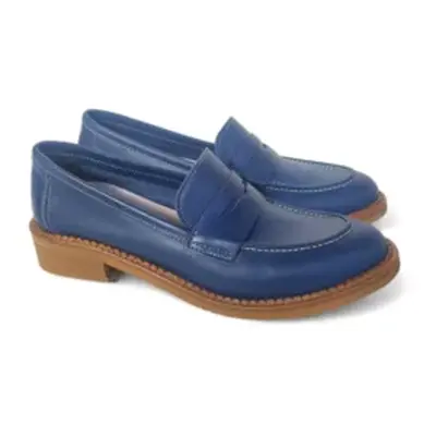 Mocassino donna in pelle nappata blu e fondo gomma con tacco 3,5 cm.