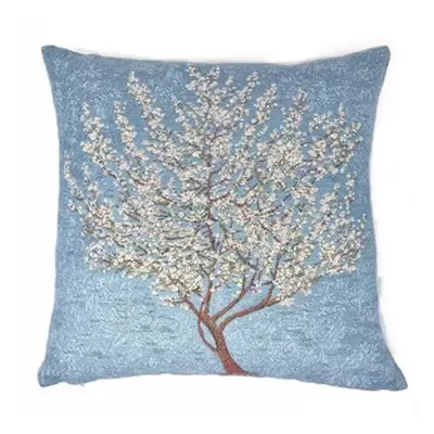 Federa cuscino shabby chic in gobelin blu con albero, 44×44cm