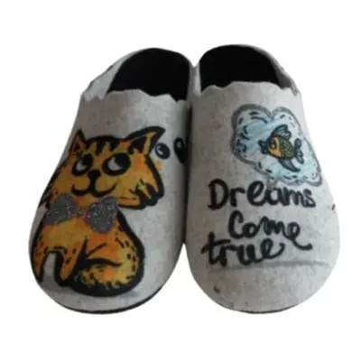 Ciabatta donna in feltro grigio con glitter stampa gatto e pesce Dreams Come True