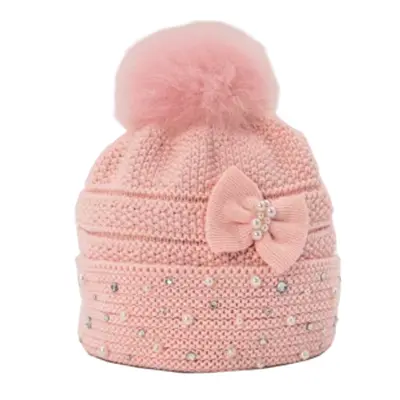 Cappello lana con strass e perle, pon pon in volpe naturale