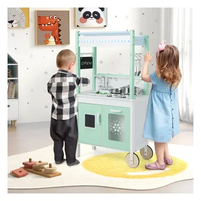 Costway Cucina giocattolo doppia faccia in legno, Set di cucina per bambini con telecomando e ba