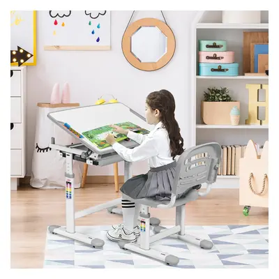 Costway Scrivania per bambini regolabile in altezza Set tavolo e sedie bimbi da disegno inclinab