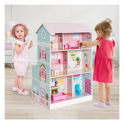 Costway Set cucina per bambini e casa delle bambole 2 in 1 in legno, Giocattolo a doppia faccia 