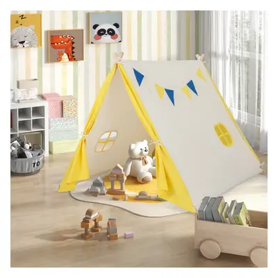 Costway Tenda da gioco per bambini con struttura in legno massiccio, Casa triangolare con bandie