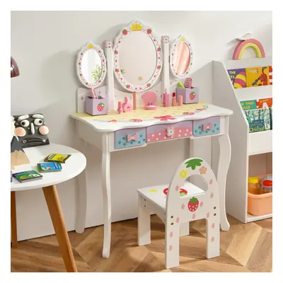 Costway Set toeletta con specchio tripartito per bambini, Set tavolo e sedia con 3 cassetti 2 sc