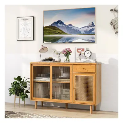 Costway Credenza buffet con ante scorrevoli in vetro temperato, Armadietto in bambù con cassetto