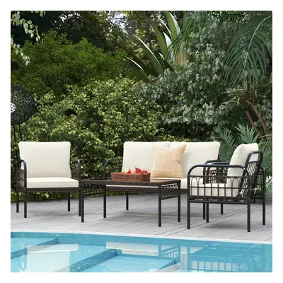 Costway Set mobili da giardino in rattan 4 pezzi, Sedie poltroncine imbottite con panchina e tav