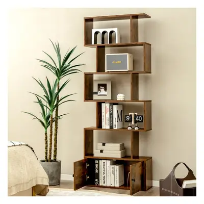 Costway Libreria a forma di S a 5 livelli con ante, Scaffale decorativo in legno per il soggiorn