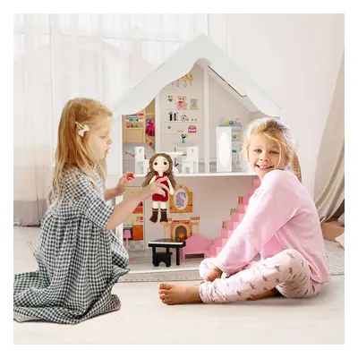 Costway Casa delle bambole in legno per bambini con stanze e set di mobili 2 grandi lucernari, C