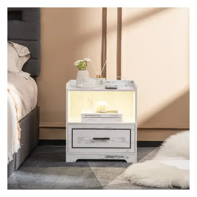 Costway Set di 2 comodini a LED con 2 porte USB ripiano aperto e cassetto, Tavolini vintagi da d