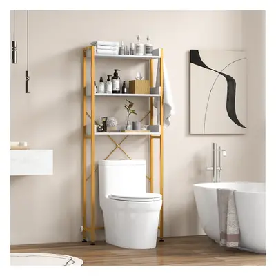 Costway Scaffale da bagno sopra water con 4 ganci barra inferiore regolabile, Mobile a 3 ripiani