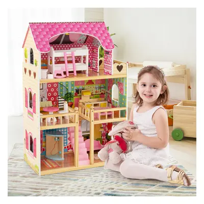 Costway Casa delle bambole in legno per bambini, Set da gioco con 3 piani 6 stanze simulate e 15