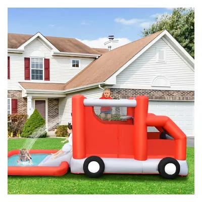 Costway Scivolo d'acqua per bambini a tema camion dei pompieri con piscina, Castello gonfiabile 