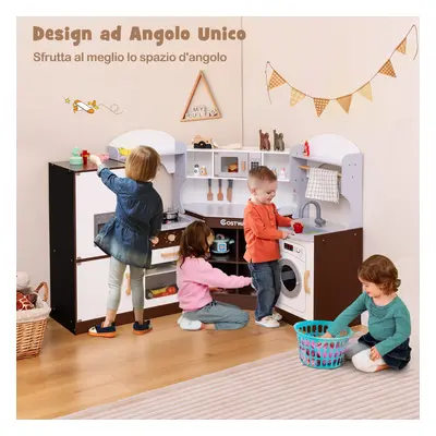 Costway Cucinetta ad angolo in legno per bambini, Set cucina giocattolo con macchina di ghiaccio