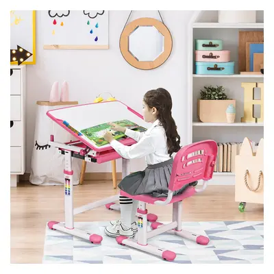 Costway Scrivania per bambini regolabile in altezza Set tavolo e sedie bimbi da disegno inclinab