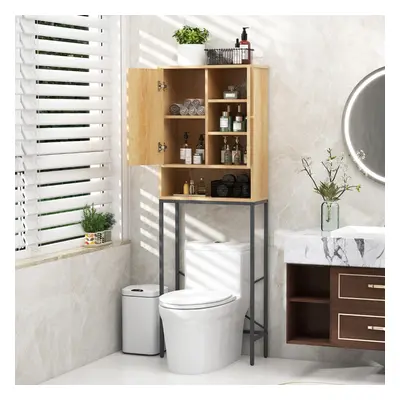 Costway Scaffale sopra la toilette alto 175cm con 2 ante in rattan e ripiani, Mobile sopra wc sa