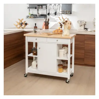 Costway Carrello da cucina mobile con piano in legno di gomma 4 ripiani aperti 2 cassetti profon