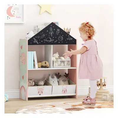 Costway Libreria per bambini a forma di casa delle bambole, Organizzatore in legno con 2 lavagne