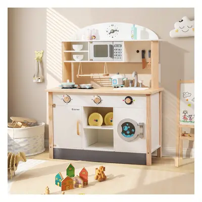 Costway Cucina giocattolo per bambini con forno a microonde e lavatrice in legno, Set da cucina 