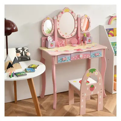 Costway Set toeletta con specchio tripartito e 3 cassetti per bambini, Tavolo da trucco con sgab