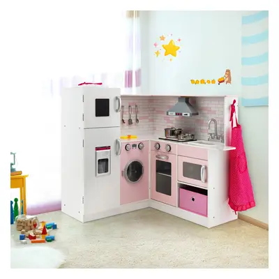 Costway Cucina giocattolo ad angolo in legno per bambini, Mini cucina giocattolo con luci e suon