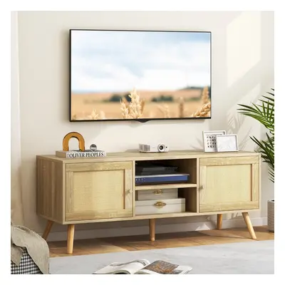 Costway Mobile per TV fino a 55 pollici stile boho, Mobile in rattan PE con 2 ante 2 vani aperti